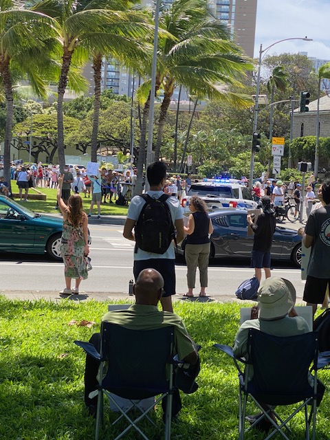 View of crowd extending eastward along King Street